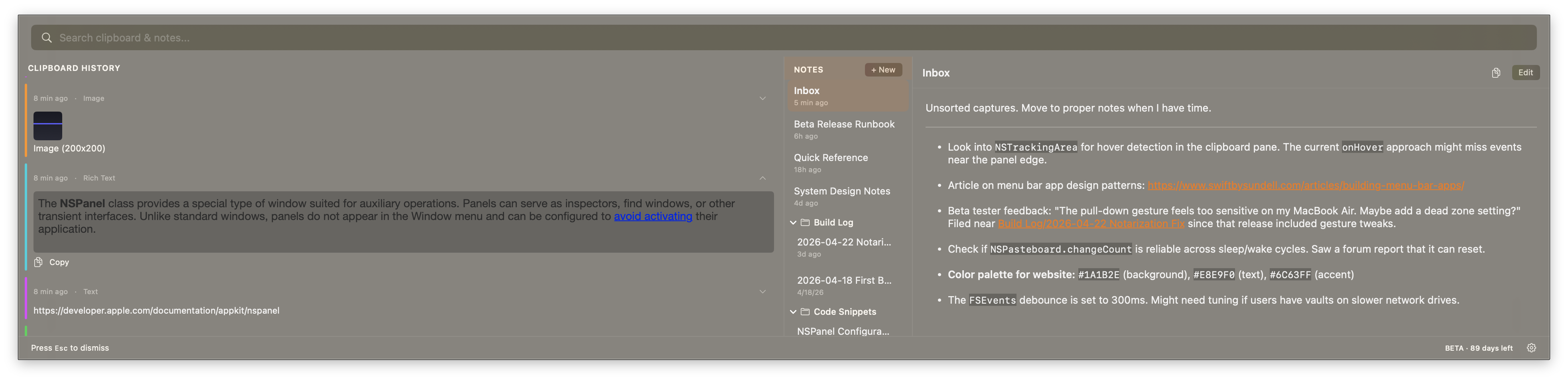 GlideHUD clipboard history with pinned items, images, rich text links, and code snippets.